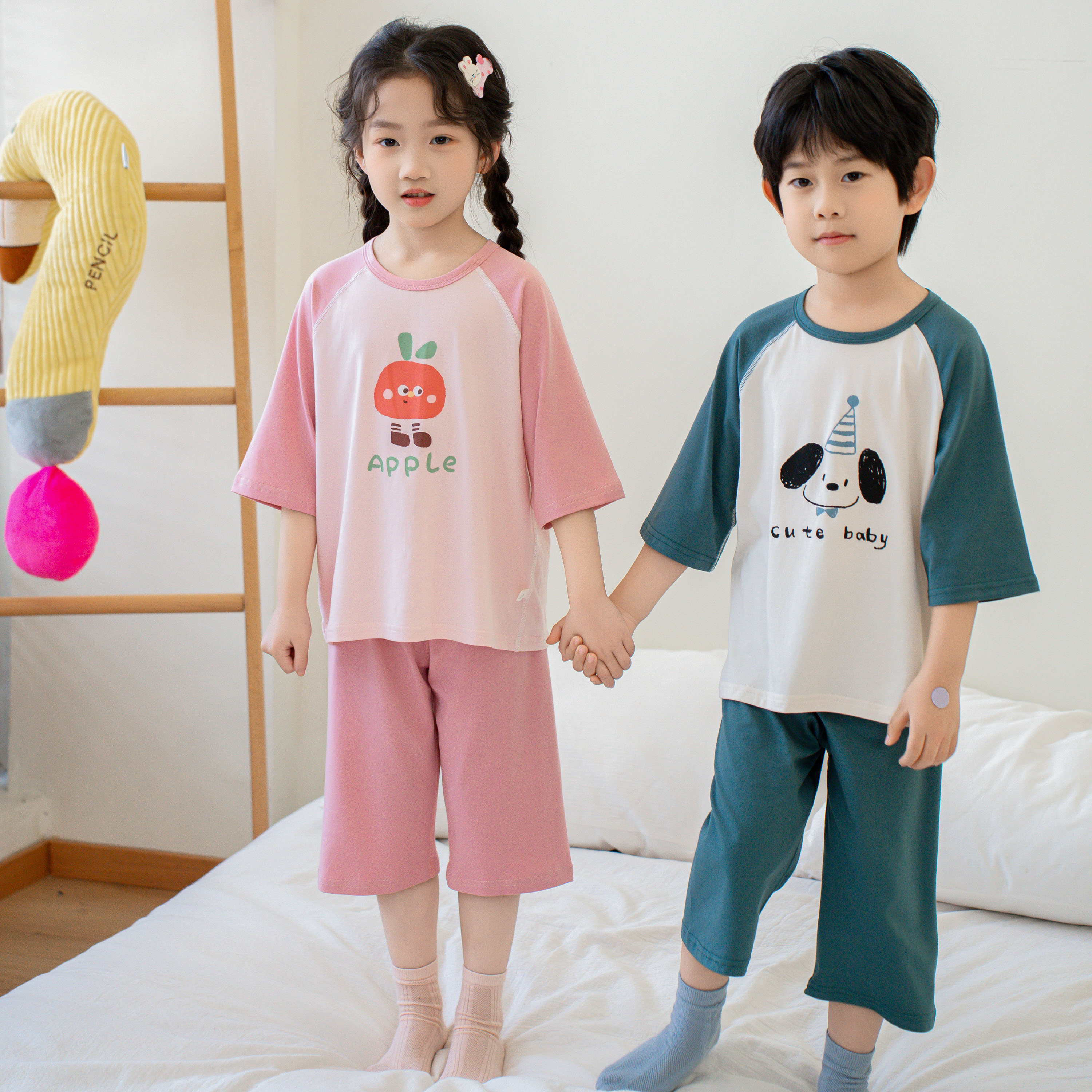夏季男女童七分裤短袖家居服套装