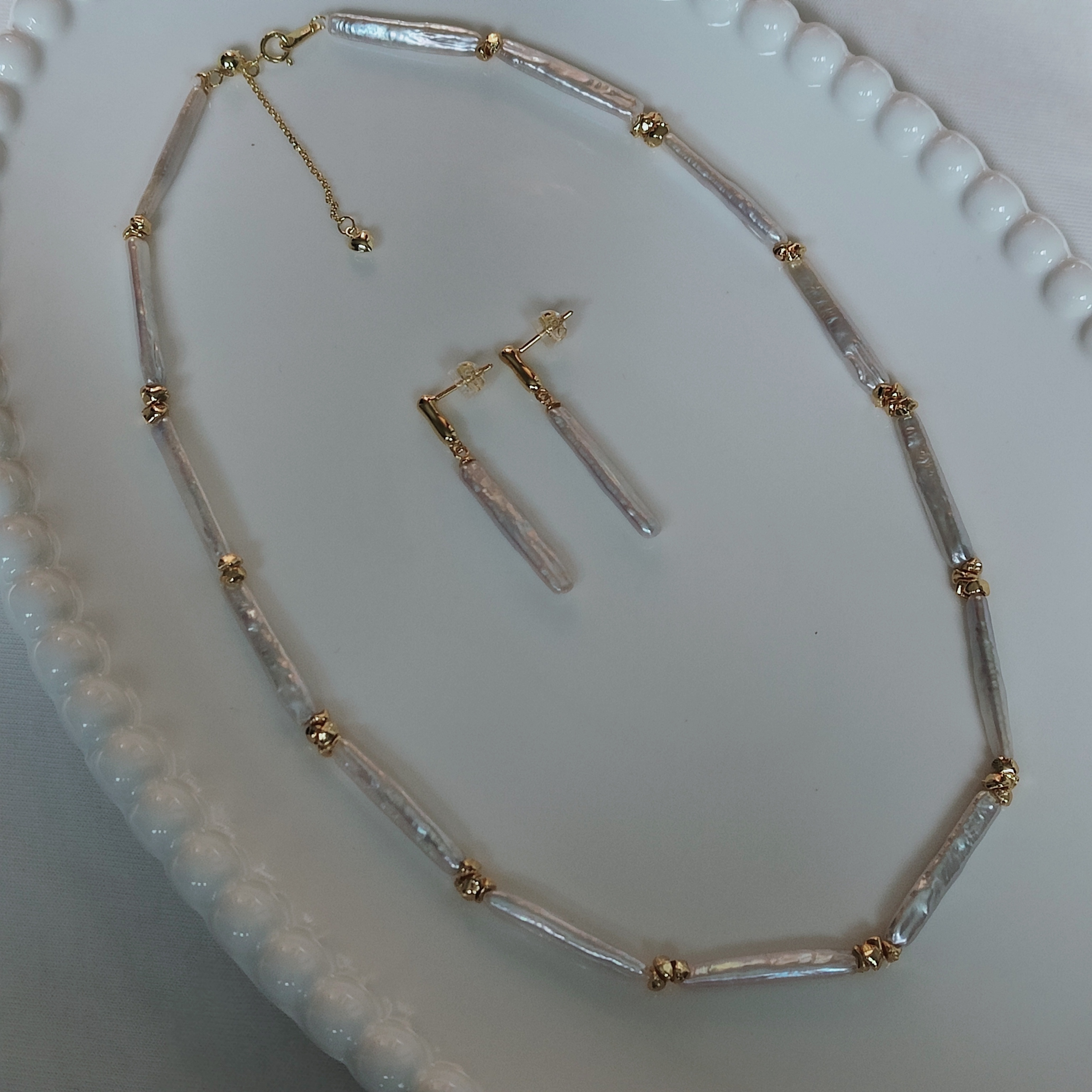 诸暨手作炫彩天然巴洛克牙签珍珠项链耳钉套装女