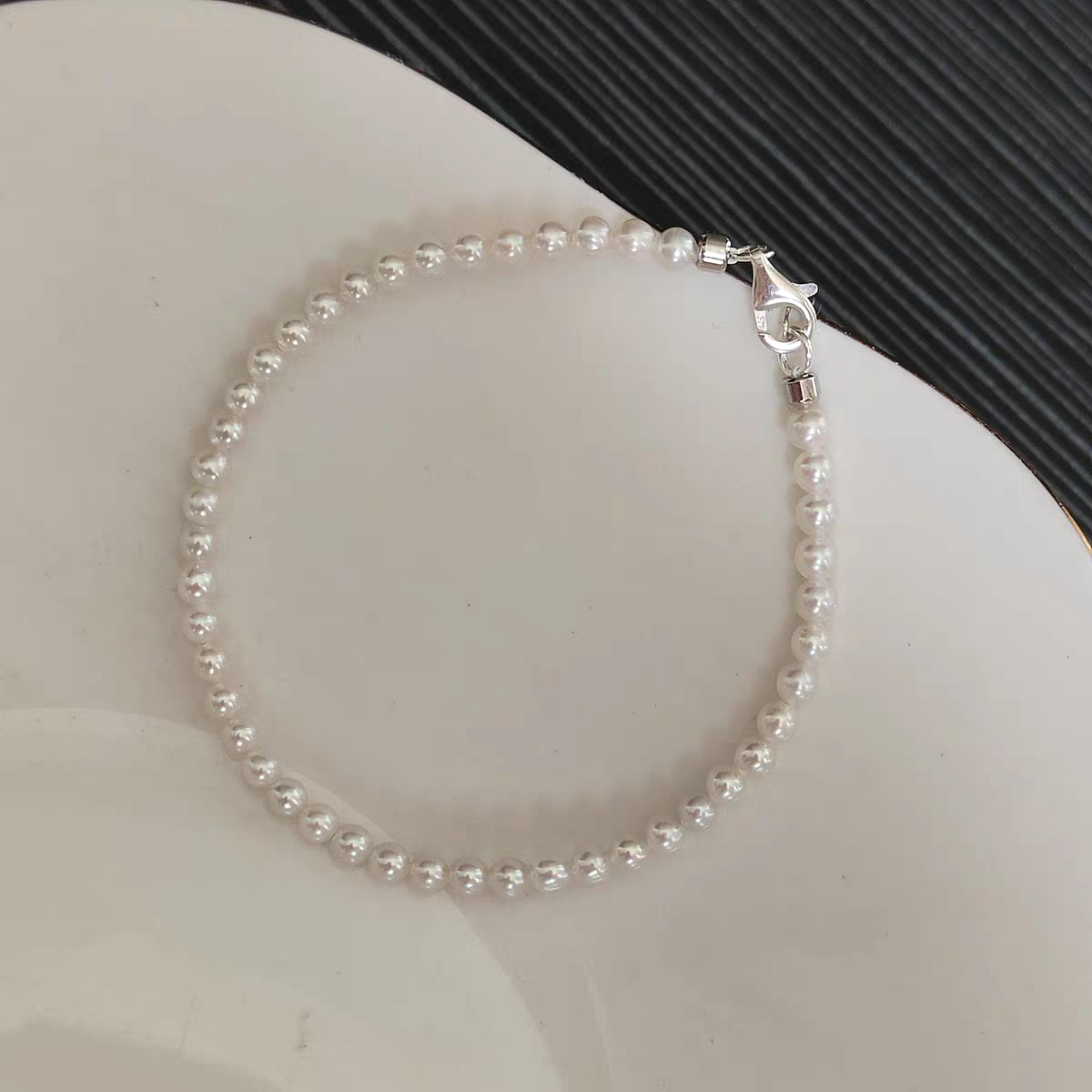 诸暨极光近正圆珍珠手链3-4mm天然淡水小米珠925银手串精致百搭