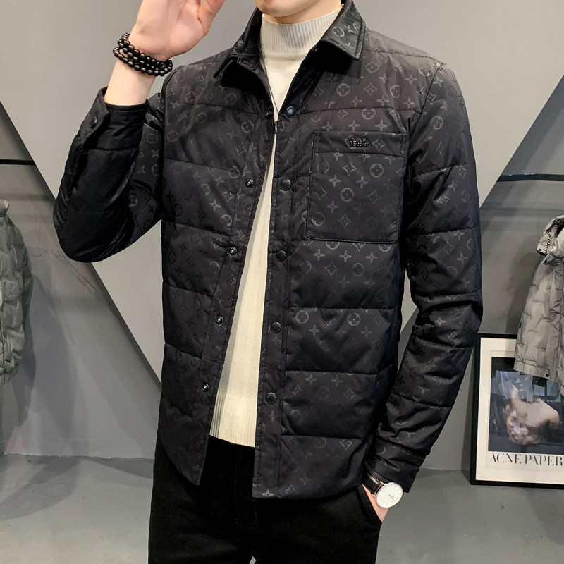 清仓特价2022冬装新款轻薄衬衫领羽绒服男款印花时尚短款青年外套