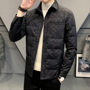 特价2022冬装新款轻薄衬衫领羽绒服男款印花时尚短款青年外套