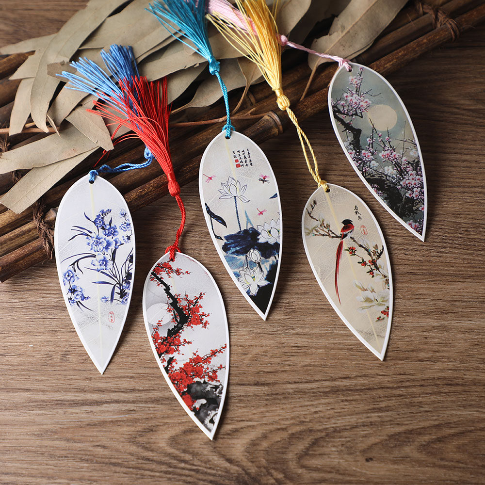 纸质古典书签带流苏留言卡学生礼品卡片背面可书写方格书签叶形扇