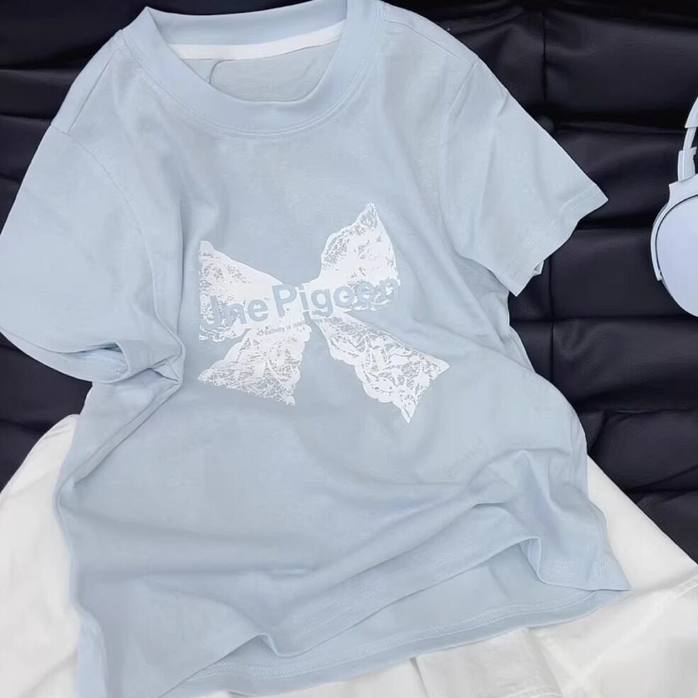 嗨大E小e2026夏7701新款印花蝴蝶结短袖T恤中大女童亲子