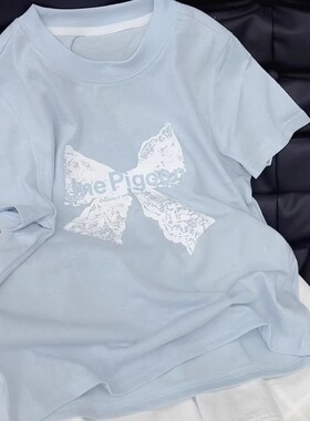 嗨大E小e2026夏7701新款印花蝴蝶结短袖T恤中大女童亲子