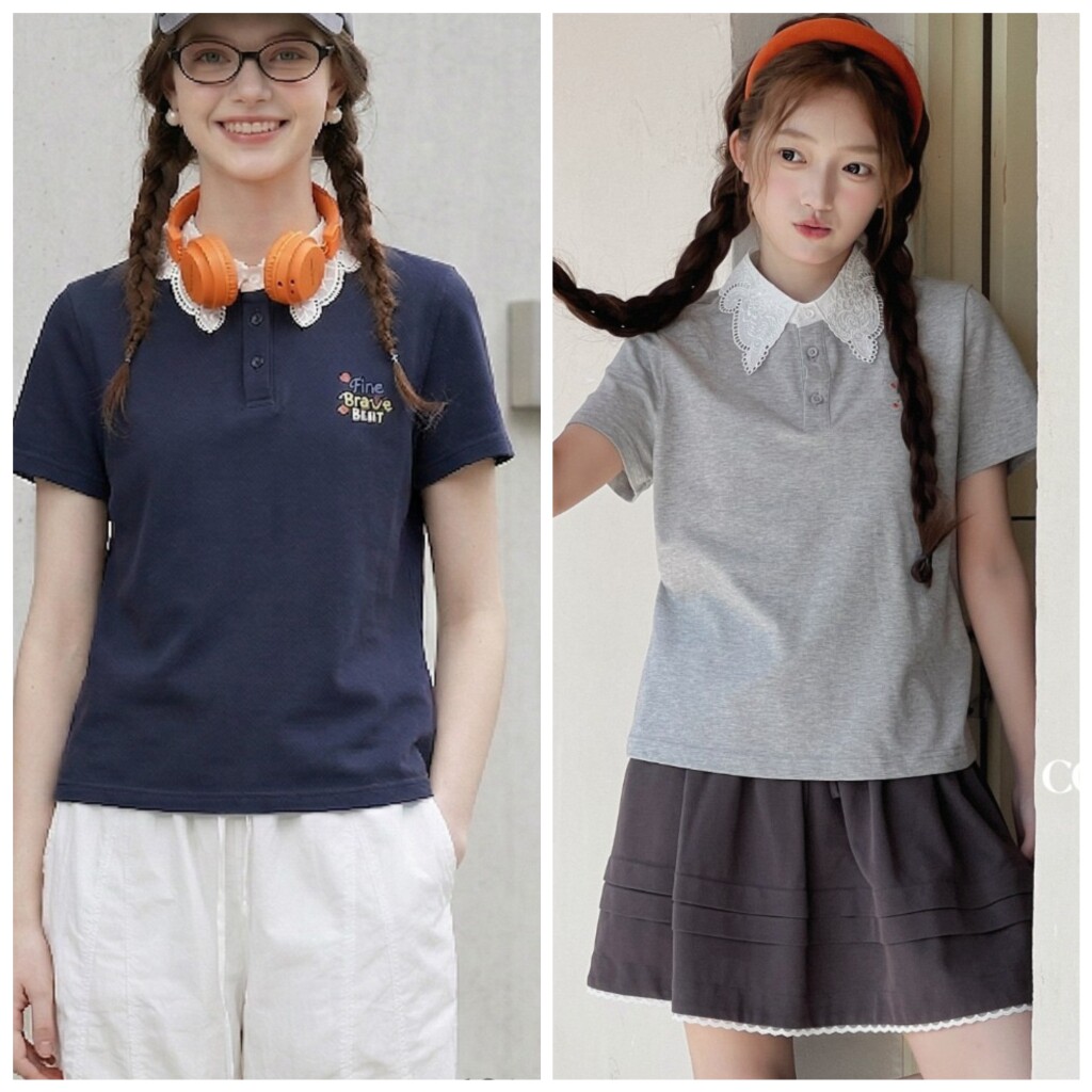 2026夏7637新款翻蕾丝领POLO短袖T恤中大童青少年女界家可亲子