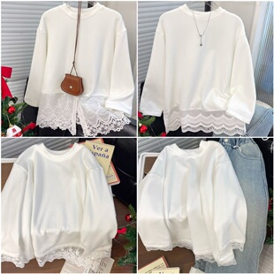 特7+kids8824秋冬新款磨毛氛围百搭神器蕾丝边打底衫中大女童亲子