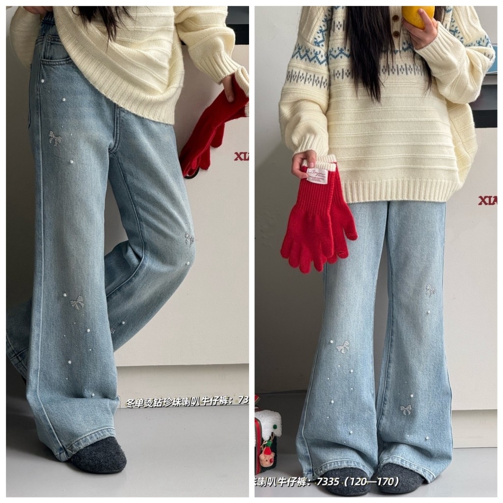 小智同学2026春新款7335烫钻喇叭牛仔裤中大童女童可亲子