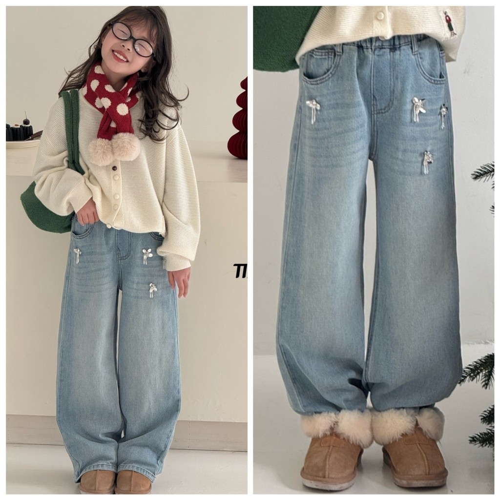 天依角2026春新款18028手工钉珠牛仔直筒裤中大童女童亲子