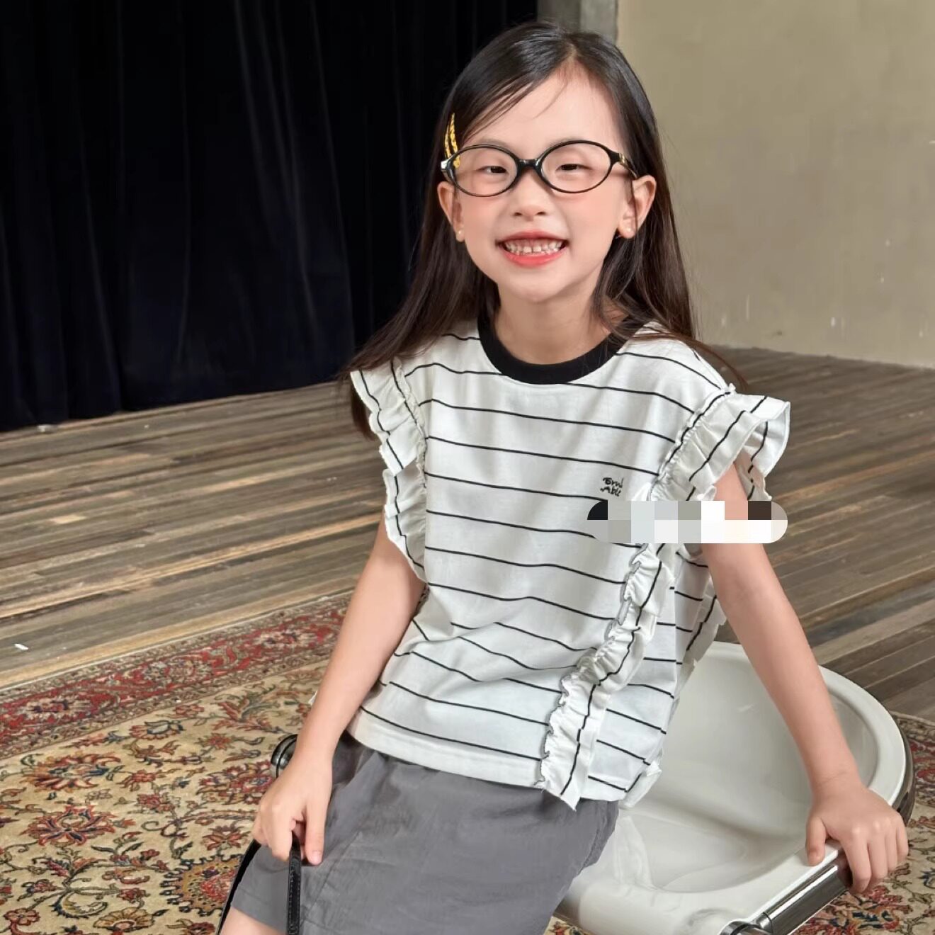 爱家2026夏6643新款条纹短飞袖T恤中大童女童可亲子
