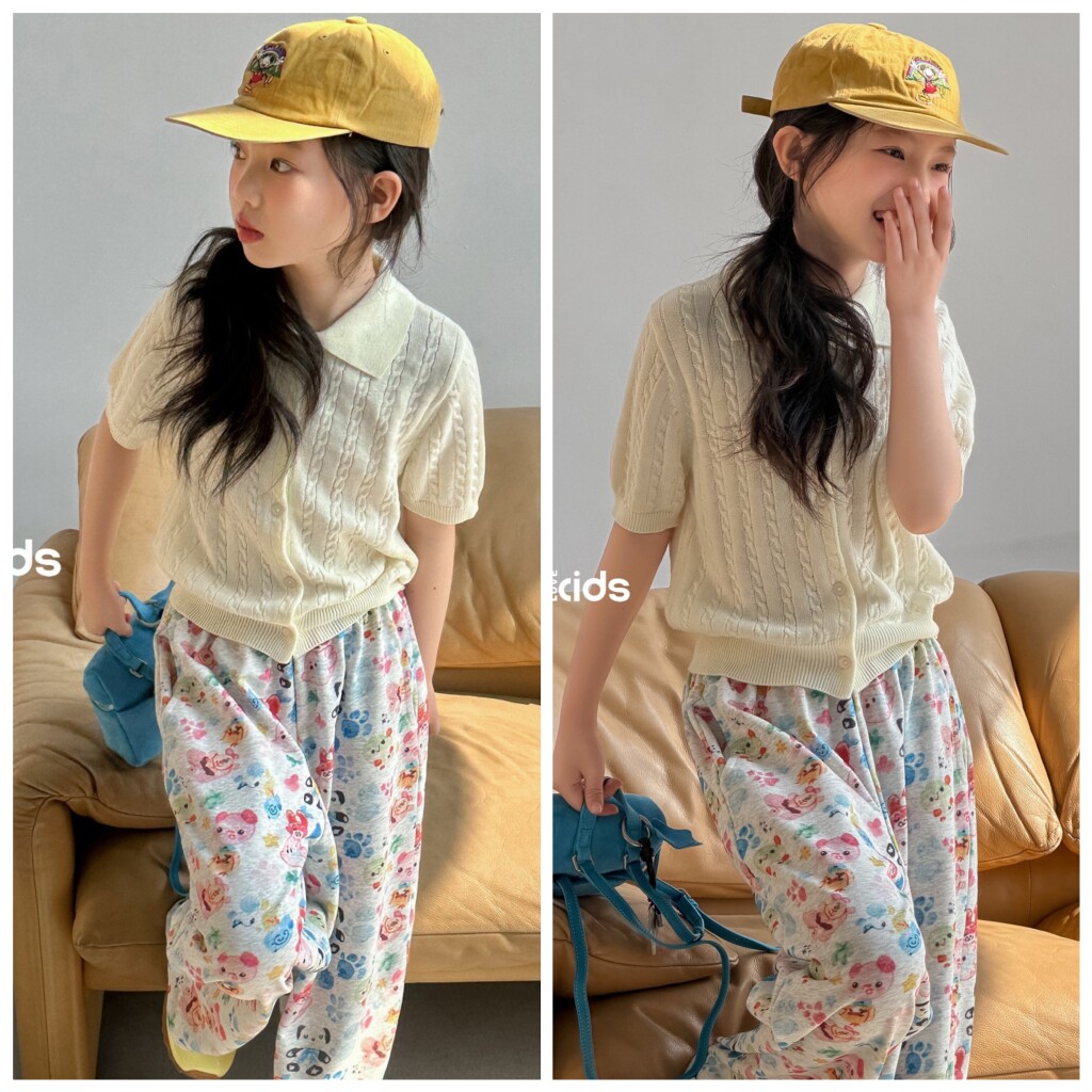 吾束2026夏33291新款短袖开衫加裤子两件套装中大童女童可亲子
