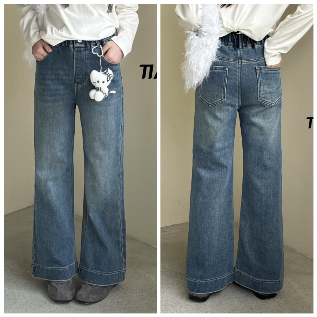 天依角2025冬新款25181一体加绒KT牛仔喇叭裤中大童女童亲子