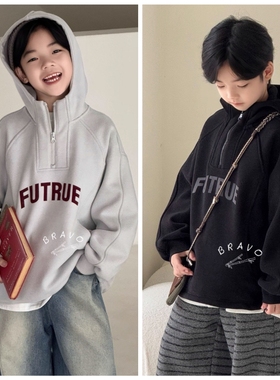 布芮欧2025冬新款86626一体加绒连帽卫衣中大童男女童可亲子