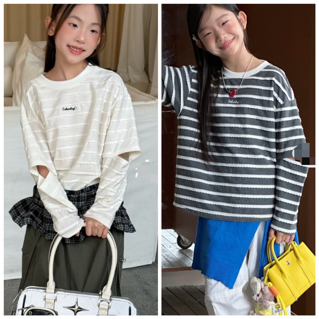爱家2026春夏新款6058条纹镂空袖子T恤中大女童可亲子