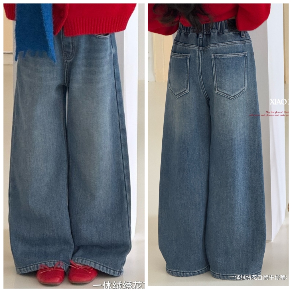 小智同学2025冬新款7161一体加绒绣花直筒牛仔裤中大女童亲子