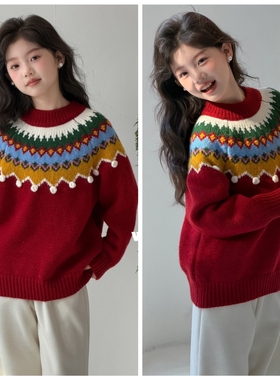 吾束2025冬新款95101新年圆领圣诞毛衣中大童女童可亲子