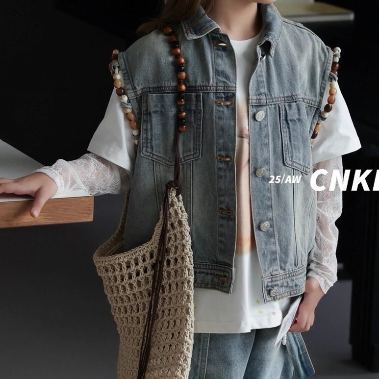 可奈儿CNKL金童2025秋1288新款串珠牛仔马甲中大童女童中性亲子