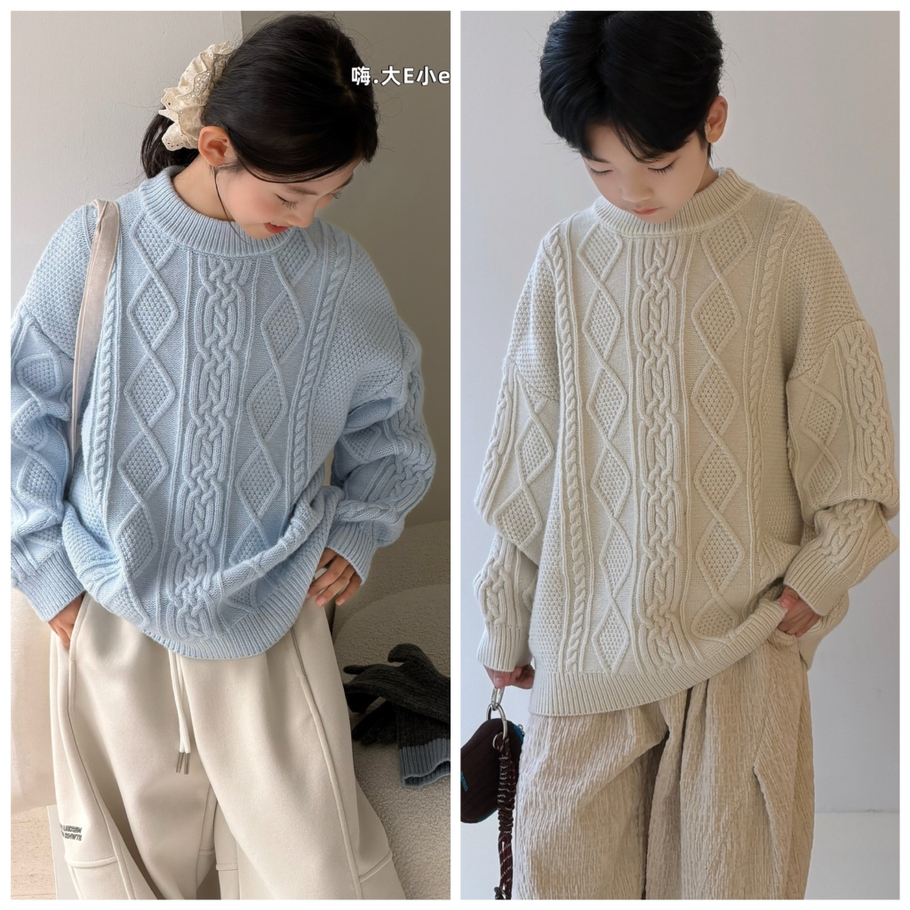 嗨大E小e2025冬新款25019麻花圆领毛衣中大童男女童中性可亲子