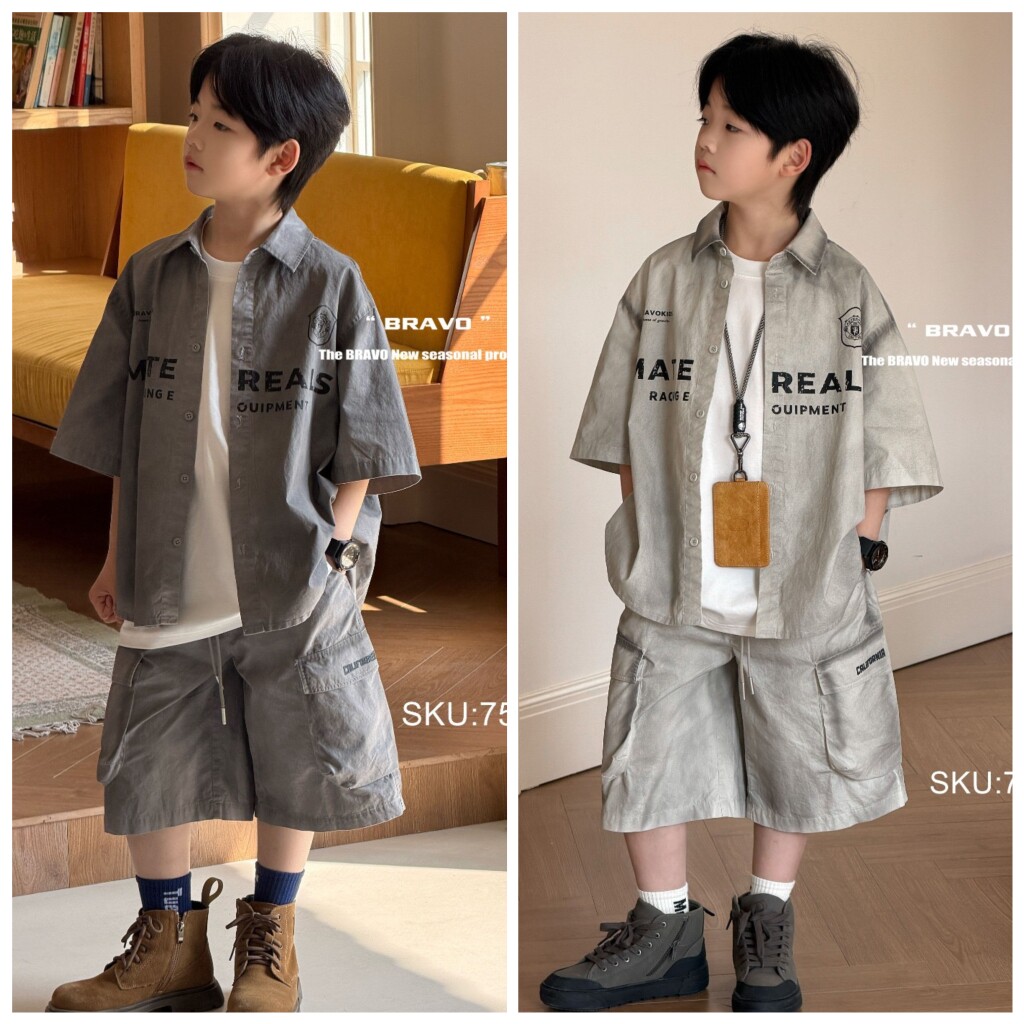布芮欧2026夏75060新款衬衫短裤两件套装中大男女童亲子