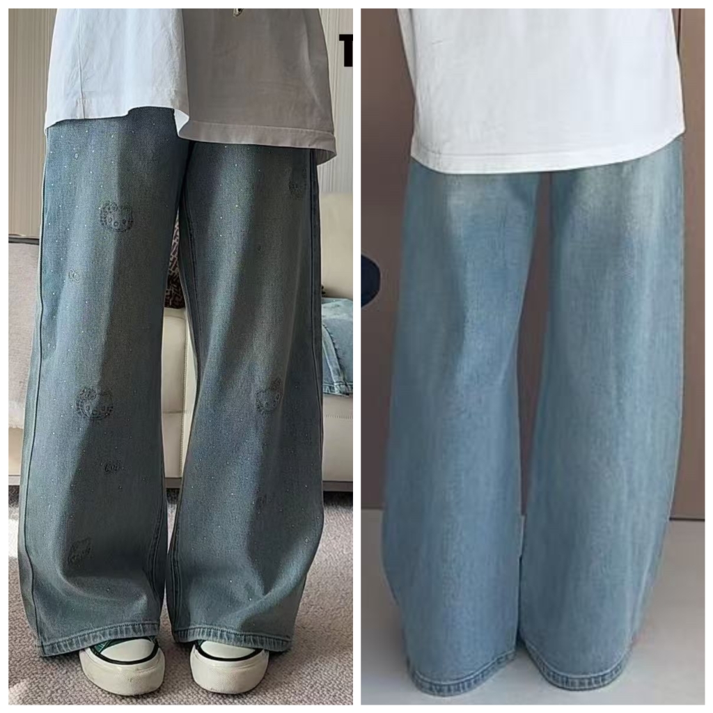 天依角2025秋新款18011烫钻刺绣KT猫阔腿牛仔裤中大童女童亲子