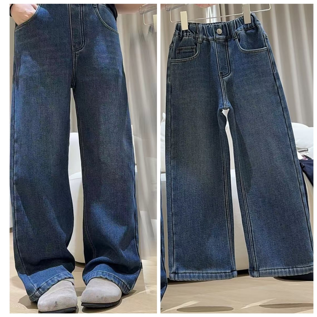 天依角2025冬25165新25166一体加绒刺绣樱桃牛仔直筒裤中大童大组