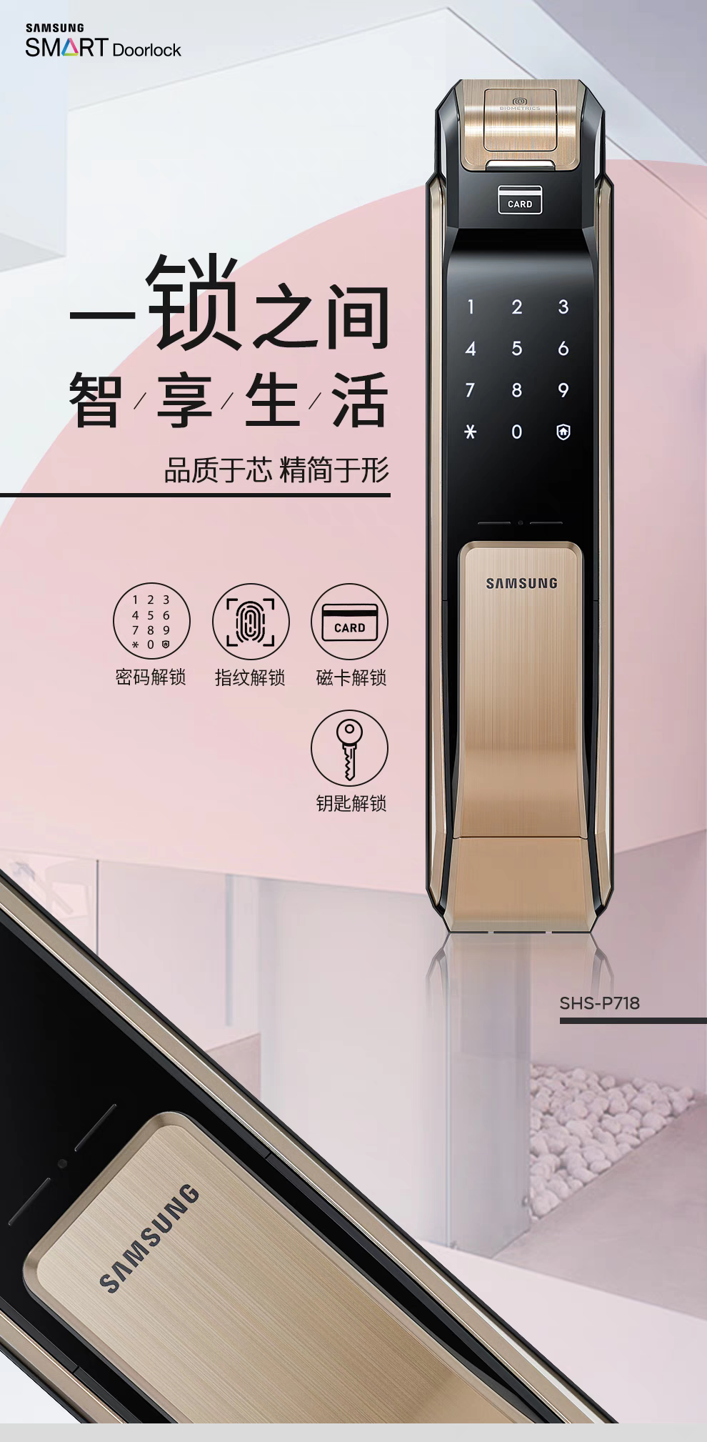 三星指纹锁家用防盗门P718全自动智能锁电子门锁密码锁样锁