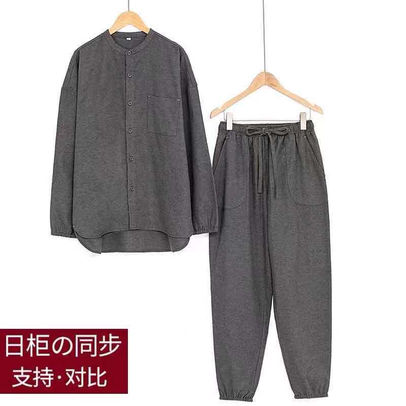 日本MUJIΕ日式全棉法兰绒无侧缝睡衣男女秋冬季加厚家居服情侣套
