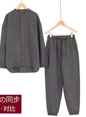 日本MUJIΕ日式全棉法兰绒无侧缝睡衣男女秋冬季加厚家居服情侣套