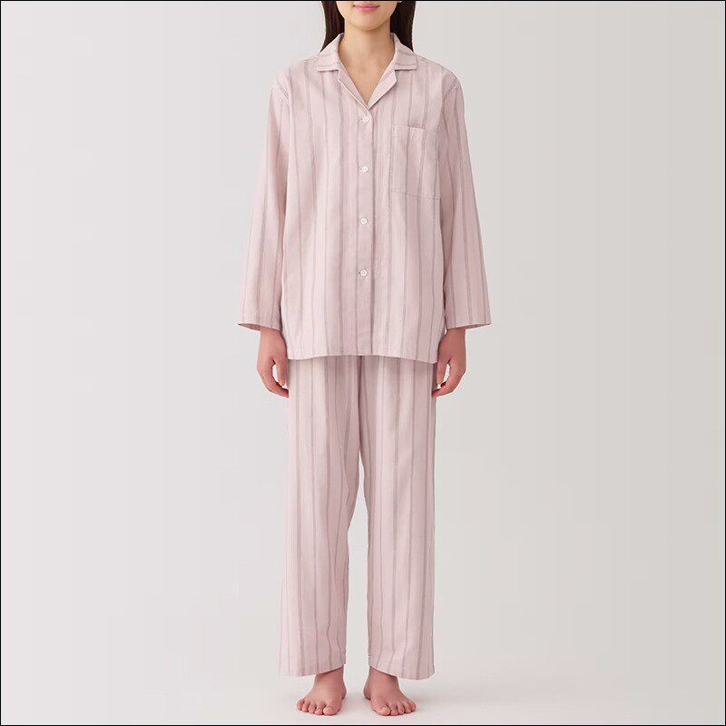 日本MUJIΕ日式纯棉双层纱睡衣女士条纹无侧缝男长袖家居服套装薄