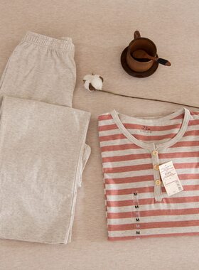 日本MUJIΕ日式无侧缝睡衣男女条纹家居服针织纯棉天竺棉起居服套
