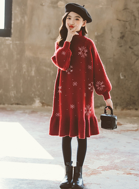 英国next music女童秋冬连衣裙2024新款过年洋气大童红色毛衣裙子