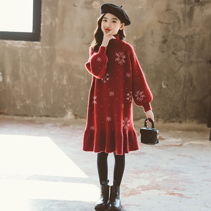 英国next music女童秋冬连衣裙2024新款过年洋气大童红色毛衣裙子