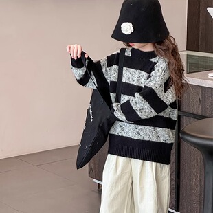 英国next music女童黑白条纹毛衣春秋款女孩上衣外穿冬季针织衫