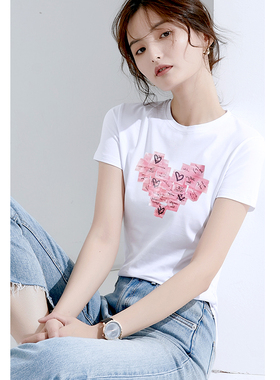 白色t恤女短袖夏季纯棉红色桃心印花甜美正肩上衣基础款内搭体恤
