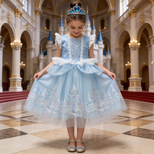 迪士尼灰姑娘公主裙辛德瑞拉礼服冰雪奇缘艾莎公主刺绣城堡连衣裙