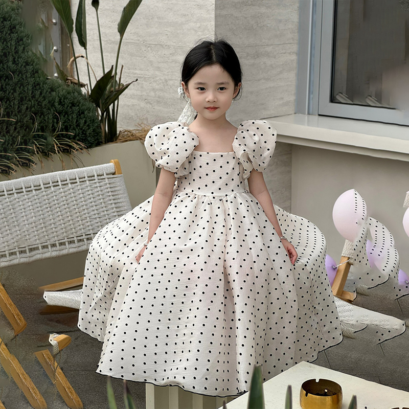 女童波点连衣裙公主裙2024新款夏款短袖蓬蓬中小童裙子圆点童裙