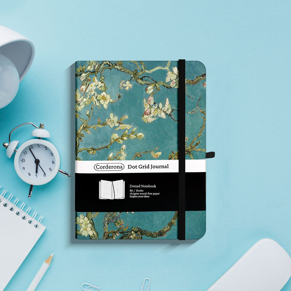 B6梵高点阵子弹笔记本盛开的杏树160gsm超厚硬面空白绑带手账本