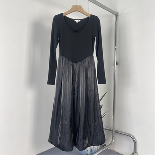 外贸欧美捡漏！法式优雅圆领针织拼流光纱花苞大码修身连衣裙