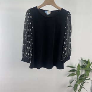 上衣 黑色衬衫 外贸欧美DAN 刺绣小雏菊七分袖