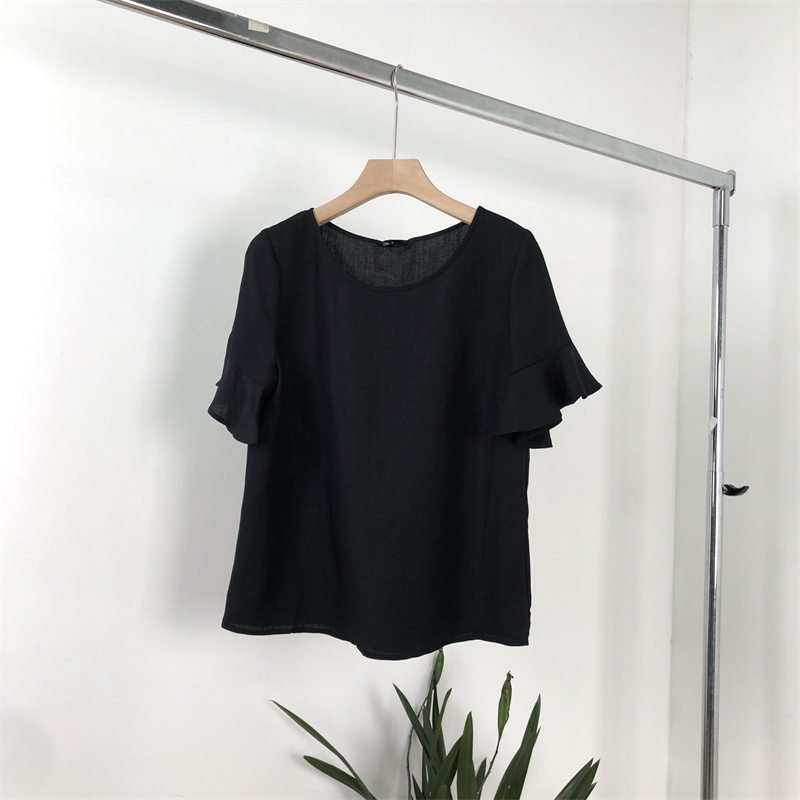 棉麻荷叶短袖圆领套头衬衫上衣