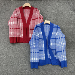 特清捡漏!秋冬日韩单 格子纹大码版针织开衫外套