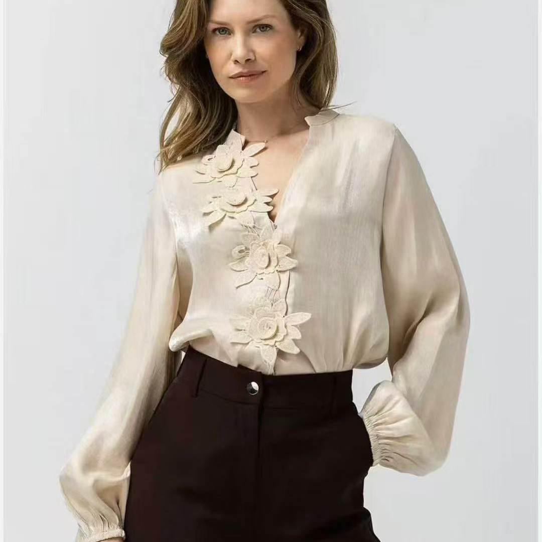 法式浪漫气质手工钉花V领衬衫