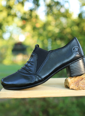 两侧松紧 软底轻便 德国Rieker 41657 中跟真皮软垫深口一脚蹬