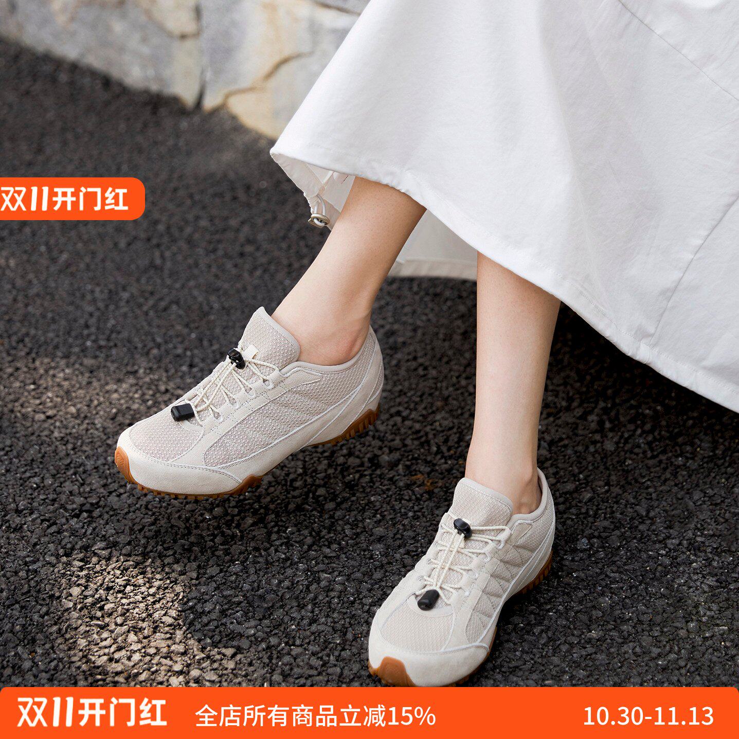 宽楦透气坡跟内增高KUFENBERG 2829磨砂皮网面透气休闲鞋女松紧带