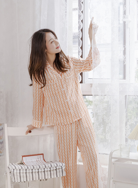 JR春夏季新品嵌边人丝家居服套装女撞色外穿橙色睡衣长裤长袖长裤