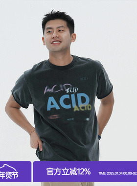 MilkShot Acid黑色炒盐工艺水洗数码印花短袖T恤