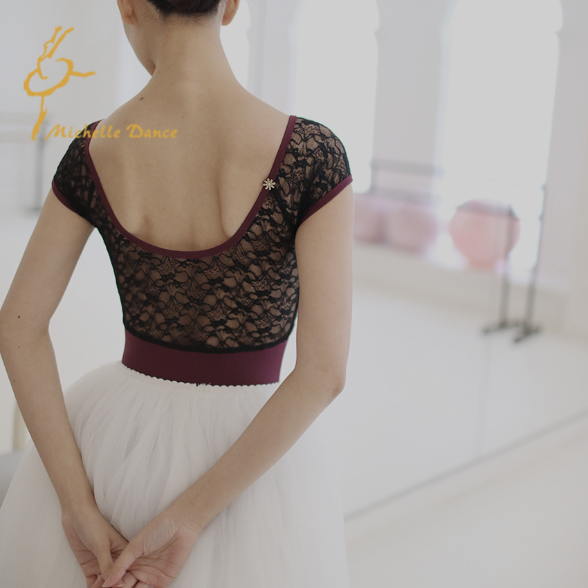 MichelleDance 酒红灰蓝黑蕾丝短袖芭蕾成人款连体服