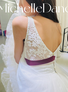 Michelle Dance蓝白拼色压花绒背心芭蕾少女连体服