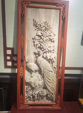 花开富贵鹿鹤同春，黄金章，纯手工木雕工艺品，剑川木雕挂屏装饰