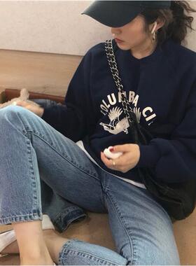 HeyAria 2024秋冬韩休闲藏青色博主ins风印花卫衣女