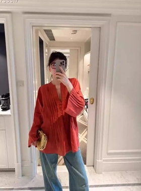 HeyAria夏秋赤陶色苎麻轻薄手工压褶宽松衬衫休闲宽松时髦晨袍上